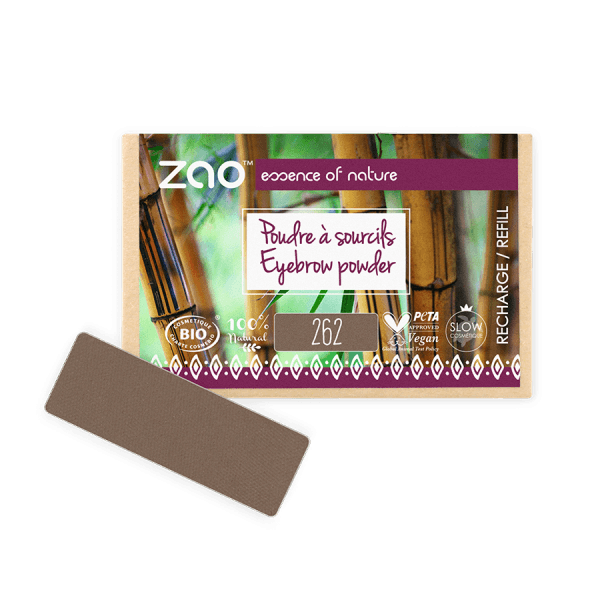 Refill eyebrow powder in natural shade with eco-friendly packaging labeled Eyebrow Powder ORGANIC (1.3g) for natural skincare use