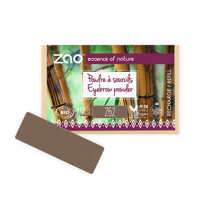 Refill eyebrow powder in natural shade with eco-friendly packaging labeled Eyebrow Powder ORGANIC (1.3g) for natural skincare use