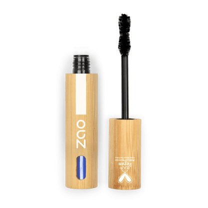 Open wooden tube and wand of Daring Volume Mascara ORGANIC (7ml) with natural plant-based packaging design