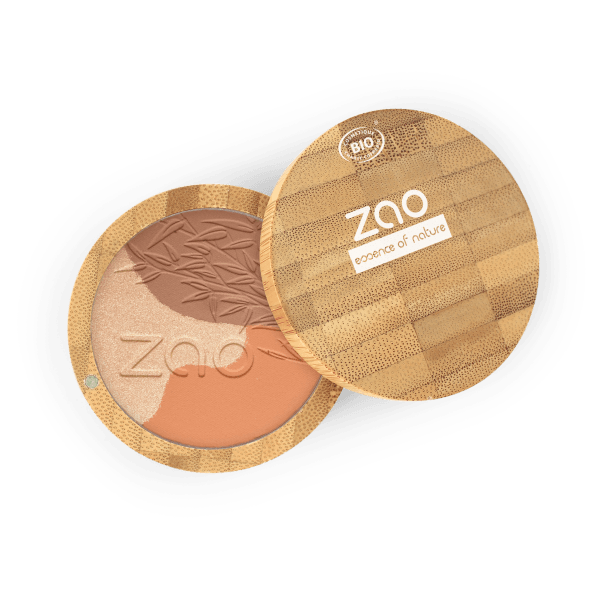 Open compact showing ORGANIC Sublime Mosaic Powder REFILLABLE with natural shades and bamboo packaging design