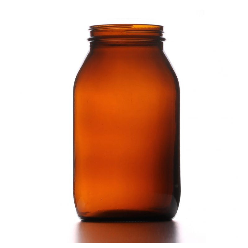 An empty amber glass jar with a threaded neck, shown against a plain white background.