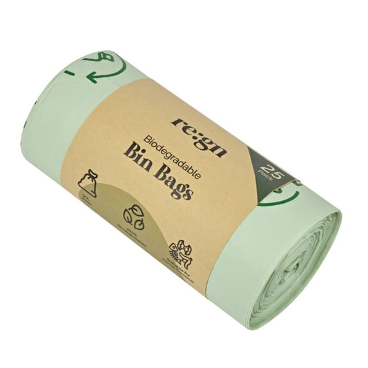 Roll of biodegradable bin bags with 're:gn' branding on a white background