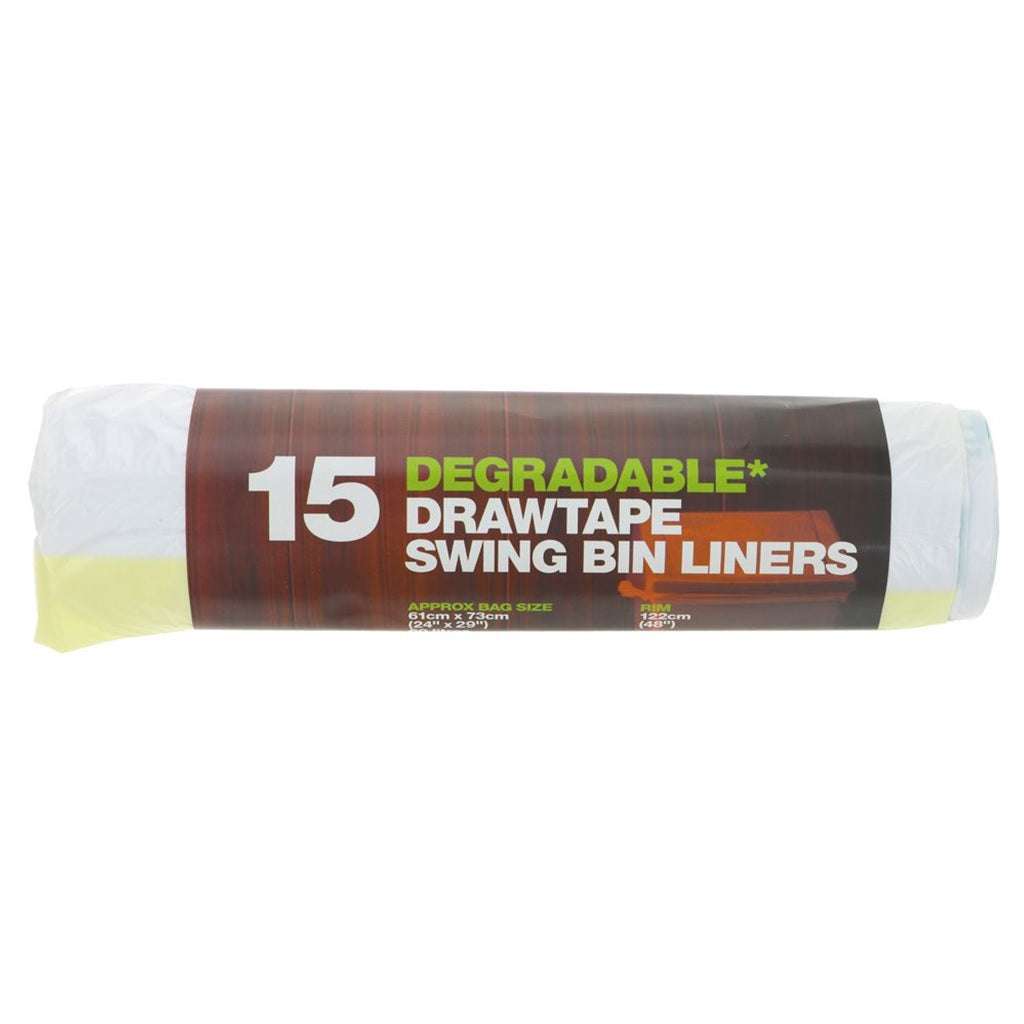 Roll of degradeable drawtape swing bin liners on a white background