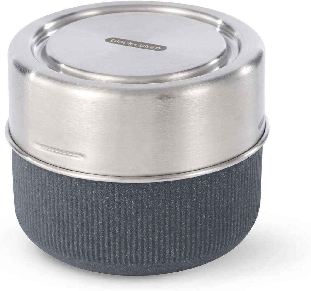 Glass food container with textured grey container base and stainless steel top on a white background