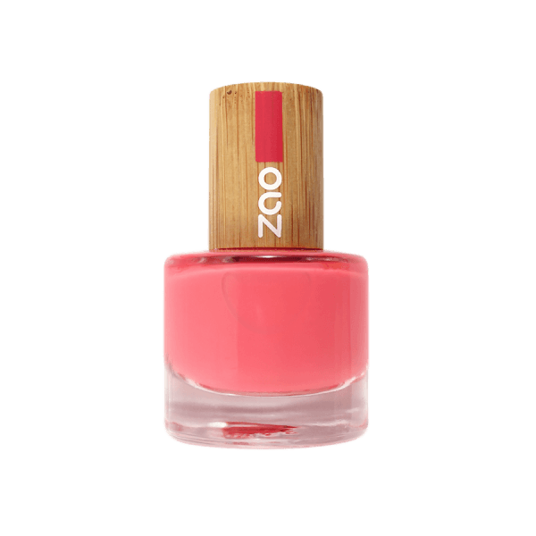 Nail Polish (8ml) in a coral pink shade with a natural bamboo cap, eco-friendly and refillable design