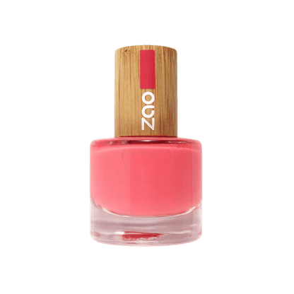Nail Polish (8ml) in a coral pink shade with a natural bamboo cap, eco-friendly and refillable design