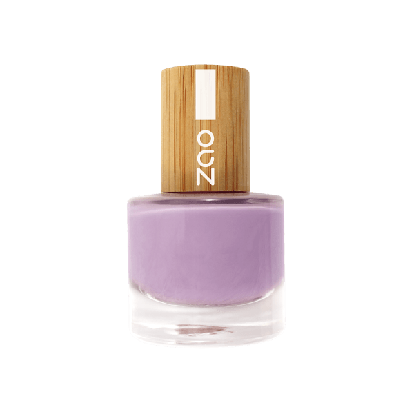 Nail Polish (8ml) in a purple shade with a bamboo-style cap, eco-friendly and refillable packaging design.