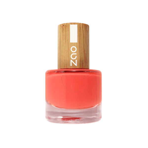 Nail Polish (8ml) in coral shade with eco-friendly wooden cap, perfect for natural and plastic-free beauty lovers
