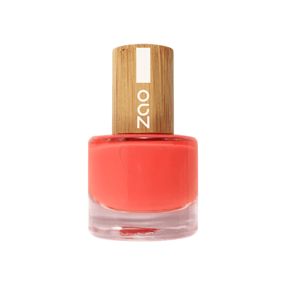 Nail Polish (8ml) in coral shade with eco-friendly wooden cap, perfect for natural and plastic-free beauty lovers