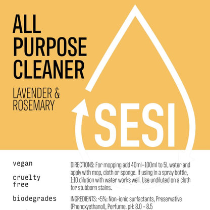 A label of an all-purpose cleaner bottle with yellow background and text that reads 'ALL PURPOSE CLEANER LAVENDER & ROSEMARY'. The brand name 'SESI' is prominently displayed at the top.