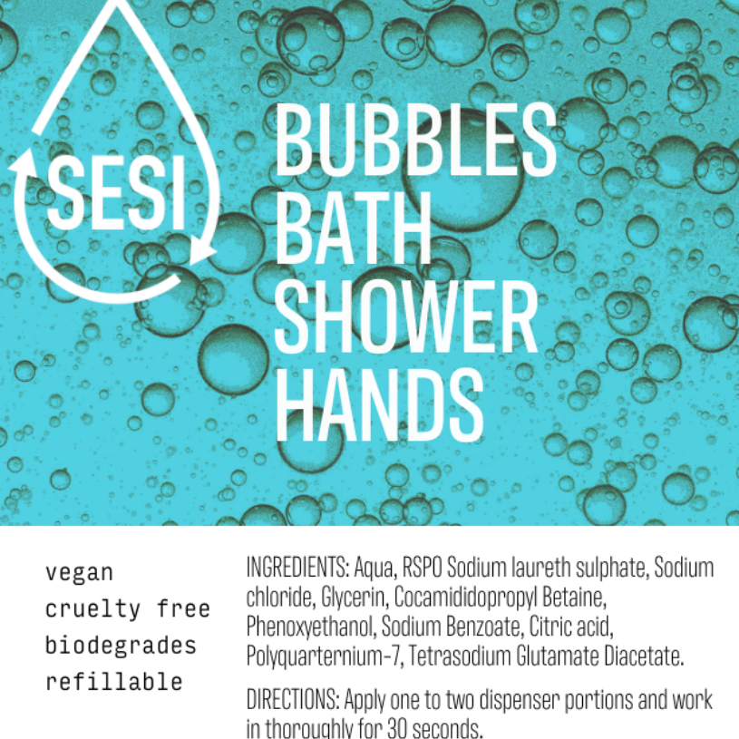 SESI product packaging with bubbles and text on a blue background