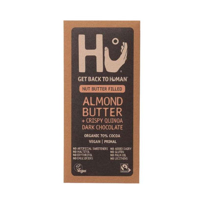 HU Nut Butter filled almond butter and crispy quinoa dark chocolate packaging on a white background