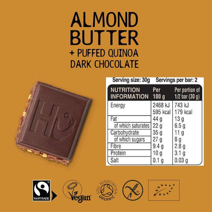 Dark Chocolate ORGANIC (60g) bar with almond butter, puffed quinoa, nutrition facts, and ethical certifications.