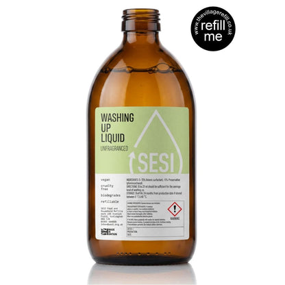 Amber glass bottle with SESI Washing Up Liquid unfragranced label