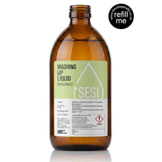 Amber glass bottle with SESI Washing Up Liquid unfragranced label