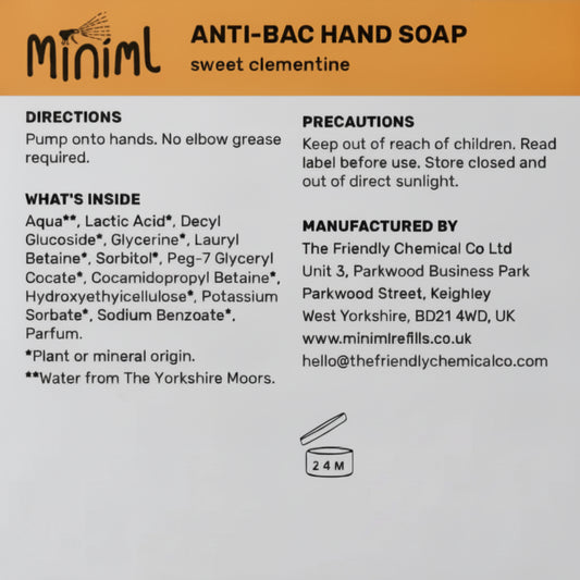 Back label of Miniml Anti-Bac Hand Soap with product details and manufacturing information.