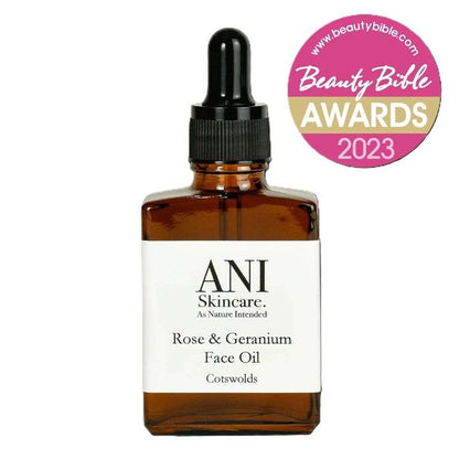 Brown bottle of ANI Skincare Rose & Geranium Face Oil with a dropper on a white background, featuring the Beauty Bible Awards 2023 logo.