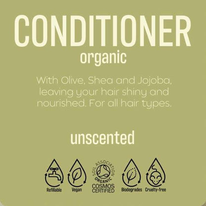 ORGANIC Conditioner UNSCENTED with olive, shea, and jojoba for shiny, nourished hair, suitable for all hair types and cruelty-free.