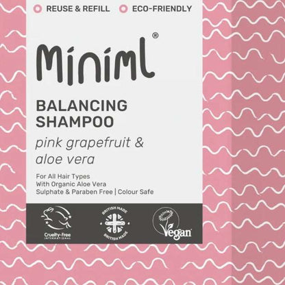 Miniml balancing shampoo packaging with pink grapefruit and aloe vera on a pink background