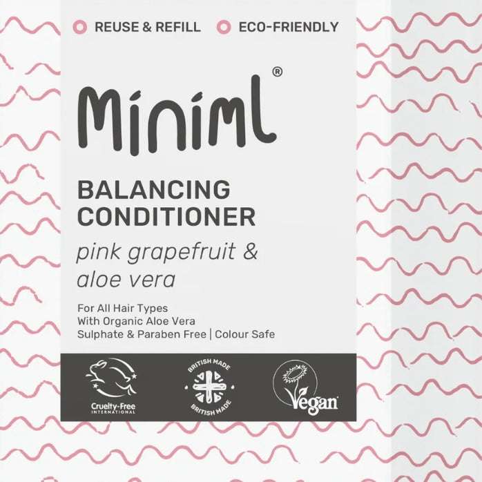 Miniml balancing conditioner packaging with pink grapefruit and aloe vera on a white background