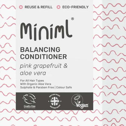 Miniml balancing conditioner packaging with pink grapefruit and aloe vera on a white background