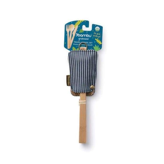 A bamboo utensil travel set with organic cotton pouches, including a knife, spoon, and fork, packaged on a white background.