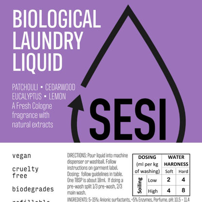 Label of a biological laundry liquid with patchouli, cedarwood, eucalyptus, and lemon fragrance. The product is presented by SESI and information such as vegan, cruelty-free, biodegradable, and the name of the product is displayed.