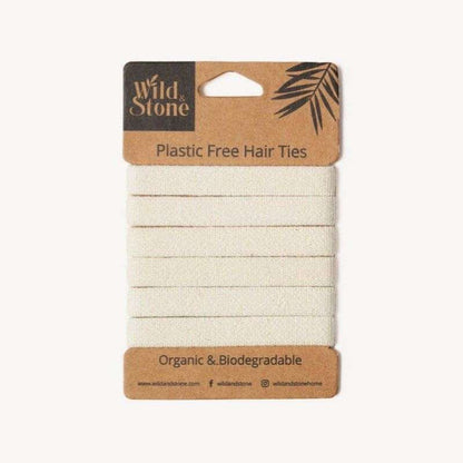 Pack of organic and biodegradable hair ties with 'Wild & Stone' branding on a white background.