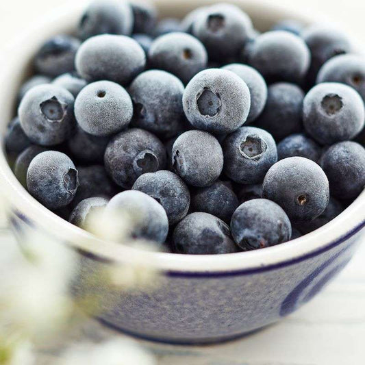 Close-up of a bowl filled with frozen blueberries.