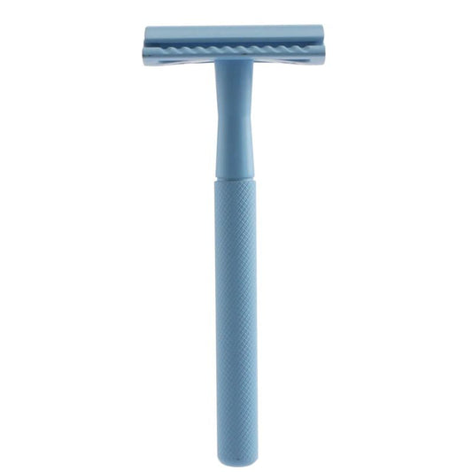 Blue safety razor on a white background