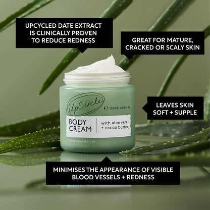 UpCircle body cream jar with aloe vera leaves on a green background