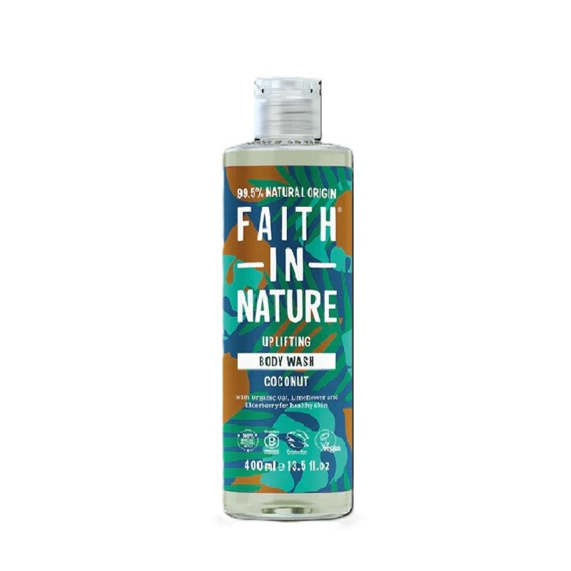 Bottle of Faith In Nature coconut body wash on a white background