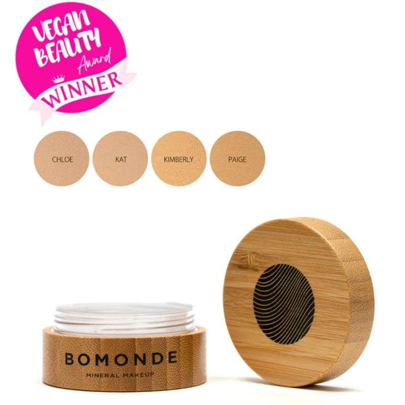Bomonde mineral makeup jar with wooden lid and color swatches on a white background