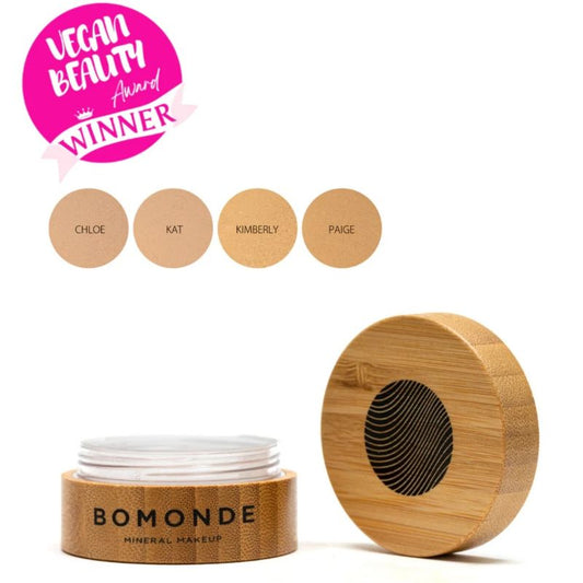 Bomonde mineral makeup jar with wooden lid and color swatches on a white background