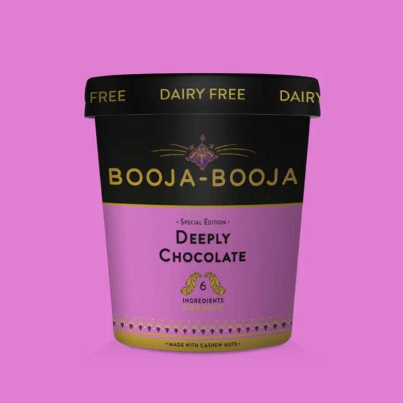 Booja-Booja Deeply Chocolate ice cream container on a pink background