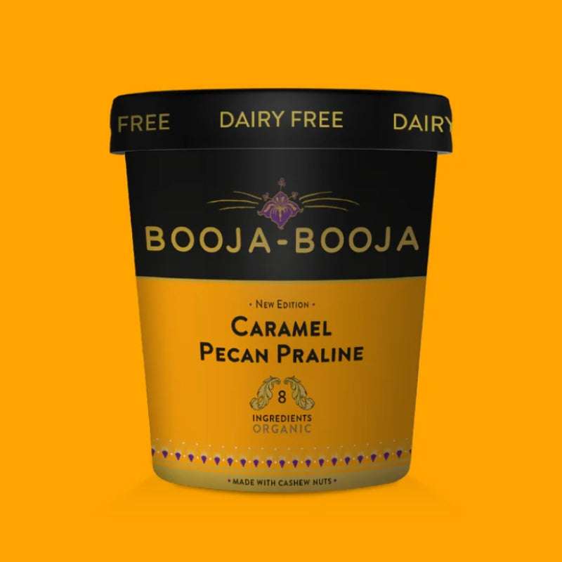 Dairy-free ice cream container with 'Booja-Booja' branding on an orange background