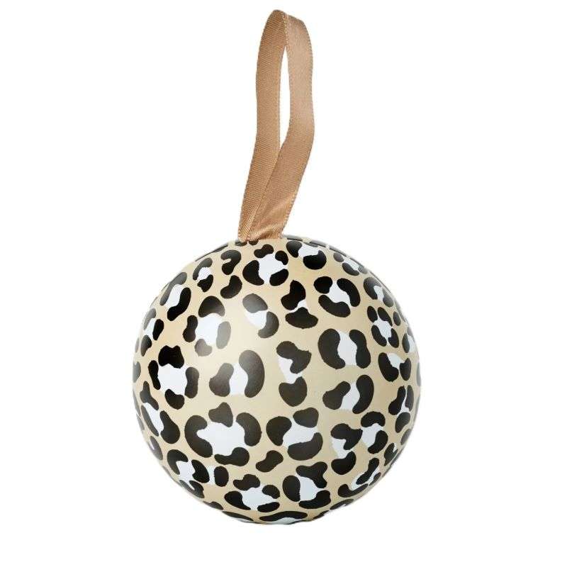 Round leopard print ornament with a ribbon on a white background