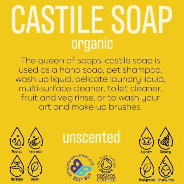 Text image describing uses and benefits of Body and Hair ORGANIC and UNSCENTED Bulk castile soap with natural, vegan, refillable features.