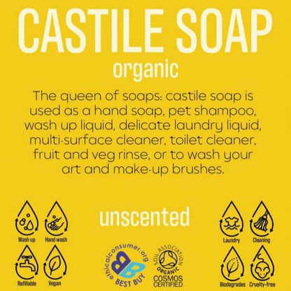 Text image describing uses and benefits of Body and Hair ORGANIC and UNSCENTED Bulk castile soap with natural, vegan, refillable features.