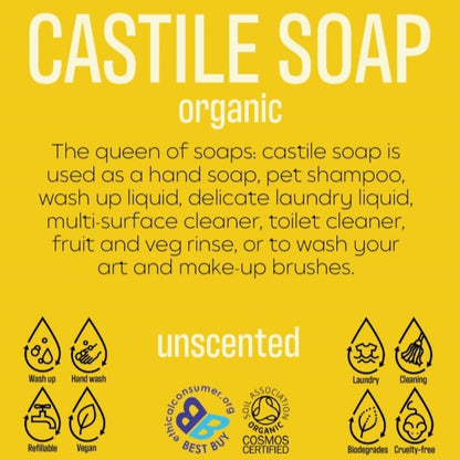 A label of organic castile soap that is fragrance-free, showing uses such as hand wash, pet wash, laundry liquid, and surface cleaner.