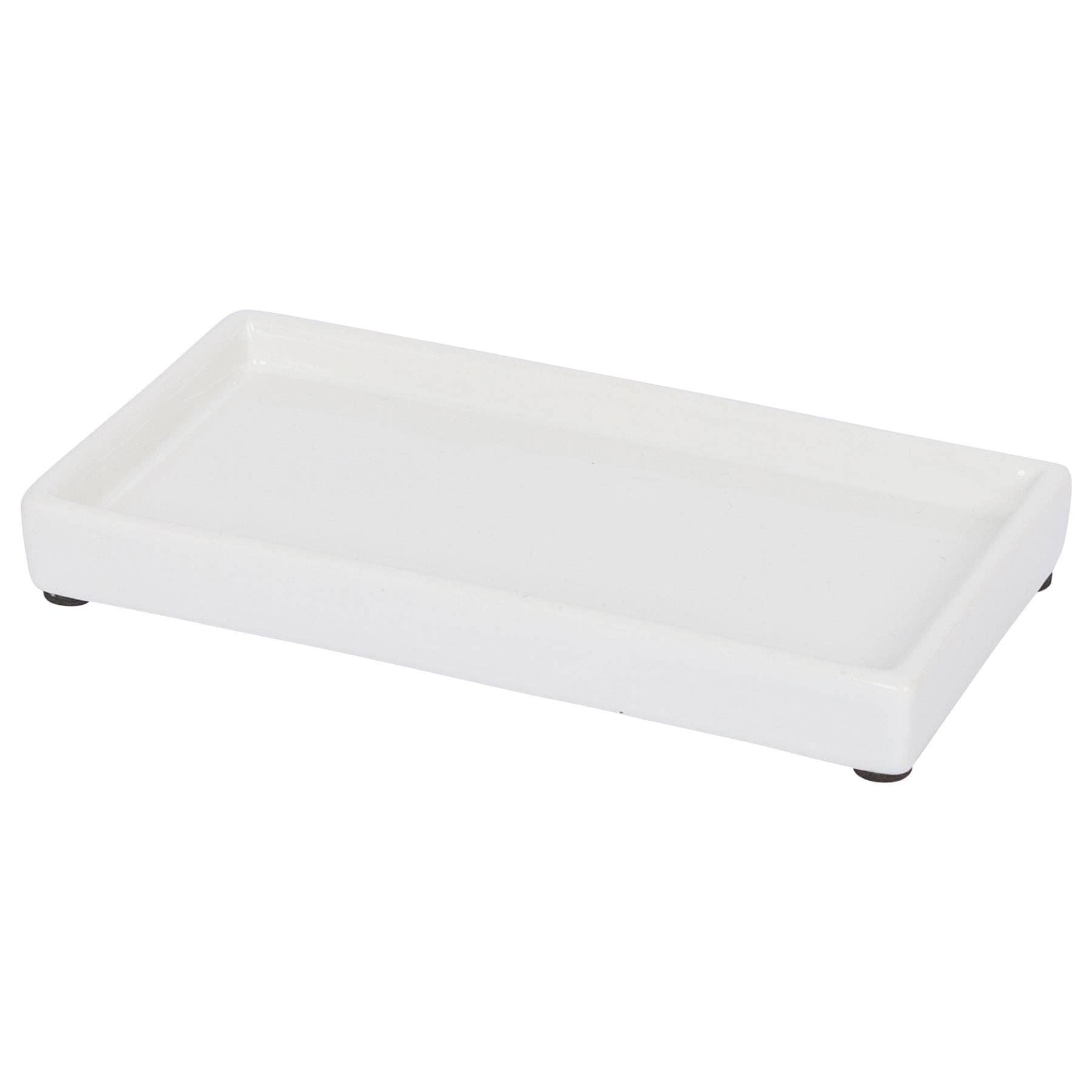 A white rectangular tray with raised edges and small black feet at the corners, shown on a plain white background.