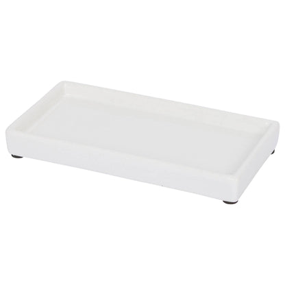 A white rectangular tray with raised edges and small black feet at the corners, shown on a plain white background.