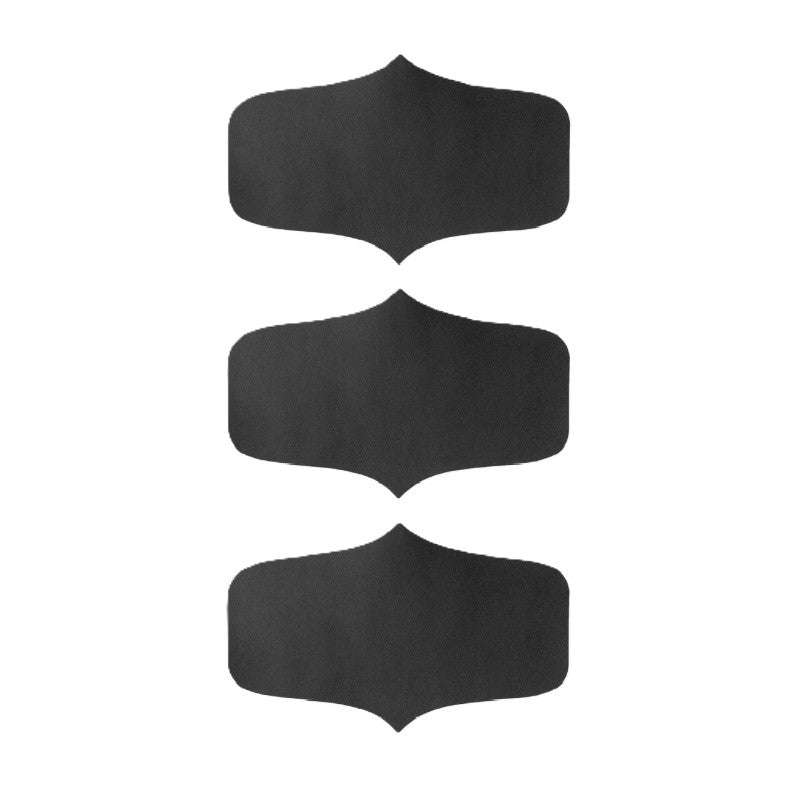 Three black fabric shoulder pads on a white background