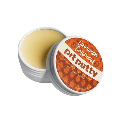 Natural ORGANIC Deodorant in Tin with cinnamon cedarwood scent, plant-based, plastic free, and refillable skincare product.