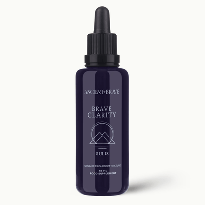Navy blue bottle with black cap labeled 'Brave Clarity' on a white background