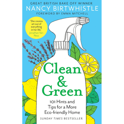 Nancy Birthwhistle starter kit featuring eco-friendly cleaning spray bottle with lemons and lavender illustration on blue background