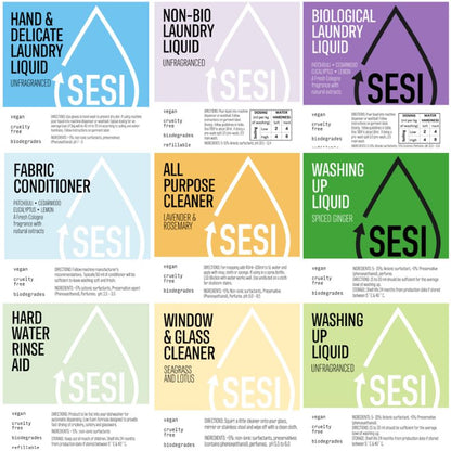 Various colorful labels for Sesi Household BULK products including laundry liquids, fabric conditioner, cleaner, and rinse aid.