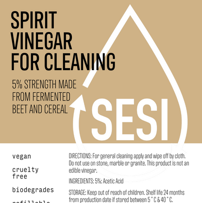 SESI label for spirit vinegar for cleaning on a beige background