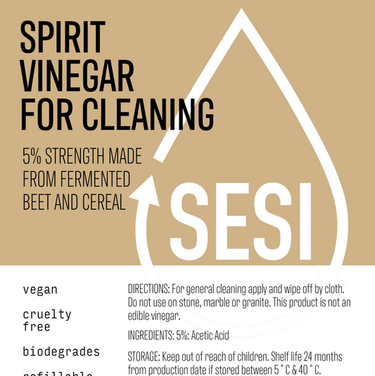 SESI label for spirit vinegar for cleaning on a beige background