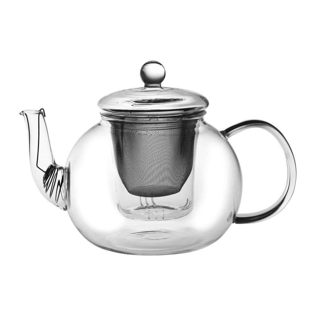 Clear glass teapot with metal infuser on a white background